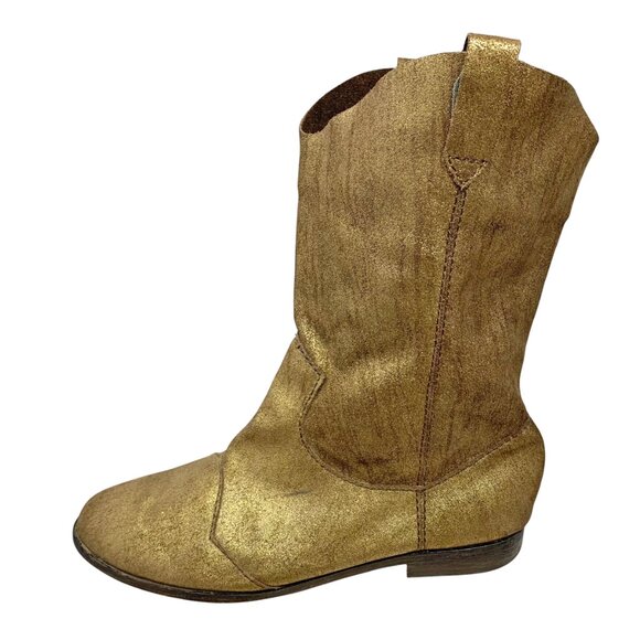 CYNTHIA VINCENT‎ Shimmery Brass Toned Leather Western Styled Mid-Calf Boot - Picture 4 of 13